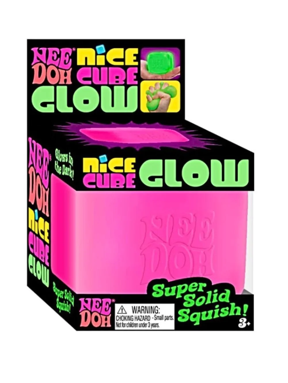 NeeDoh Nice Cube Glow - PINK, 1 pc-Super Solid Squish Fidget Sensory Toy - NIB